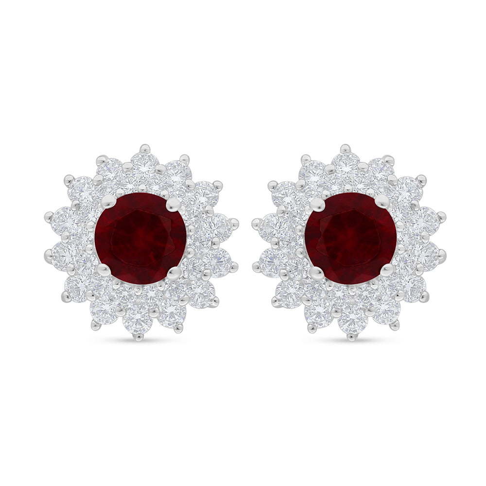 Sterling Silver 925 Earring Rhodium Plated Embedded With Ruby Corundum And White Zircon