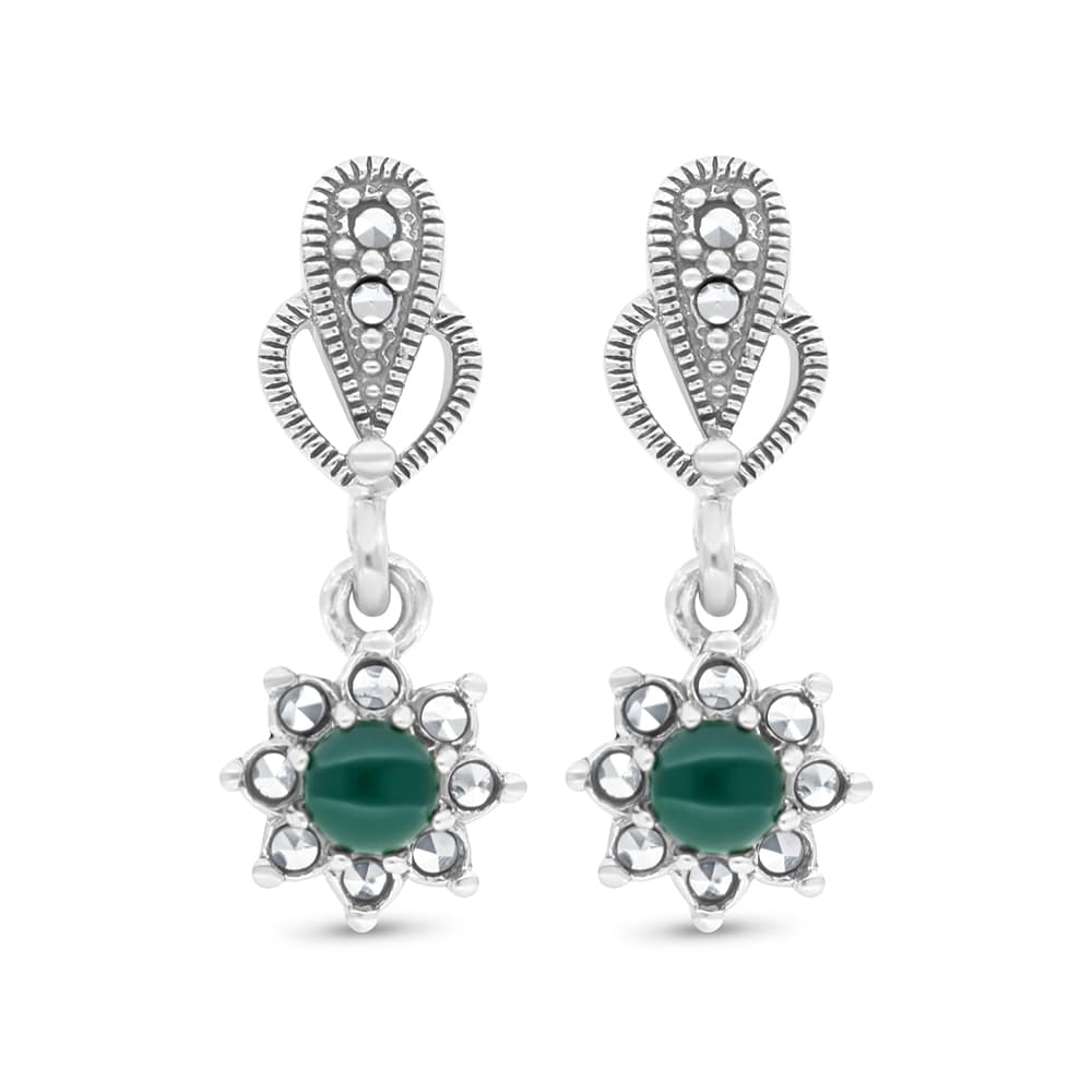 Sterling Silver 925 Earring Embedded With Natural Green Agate And Marcasite Stones