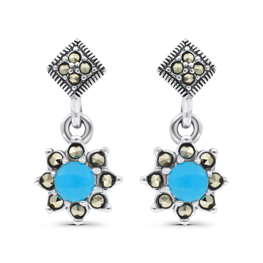 Sterling Silver 925 Earring Embedded With Natural Processed Turquoise And Marcasite Stones