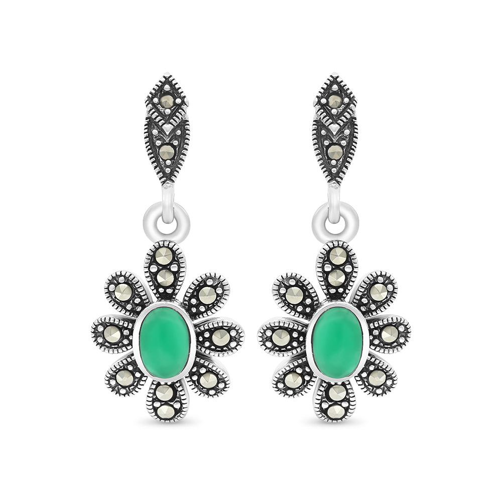 Sterling Silver 925 Earring Embedded With Natural Green Agate And Marcasite Stones