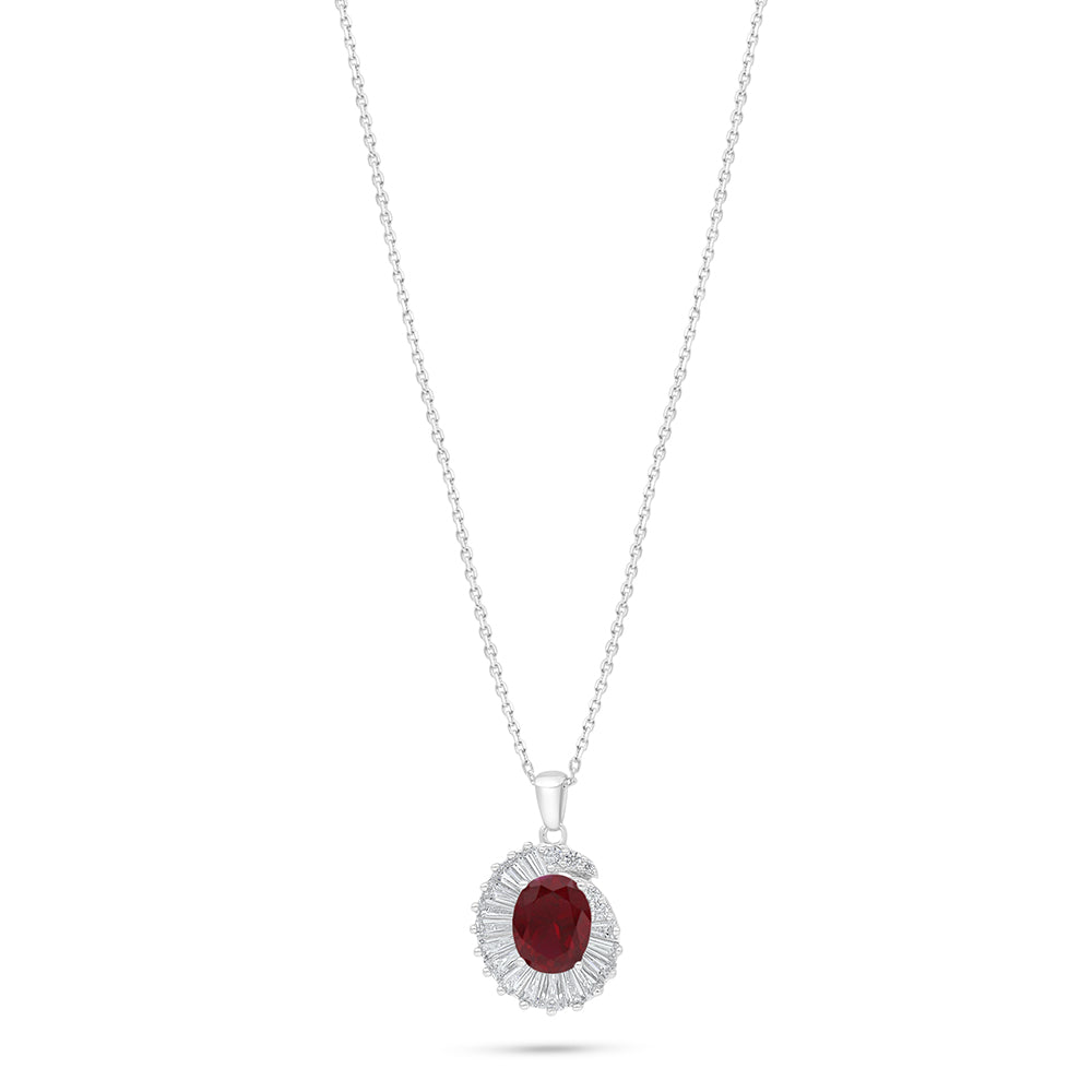 Sterling Silver 925 Necklace Rhodium Plated Embedded With Ruby Corundum And White Zircon