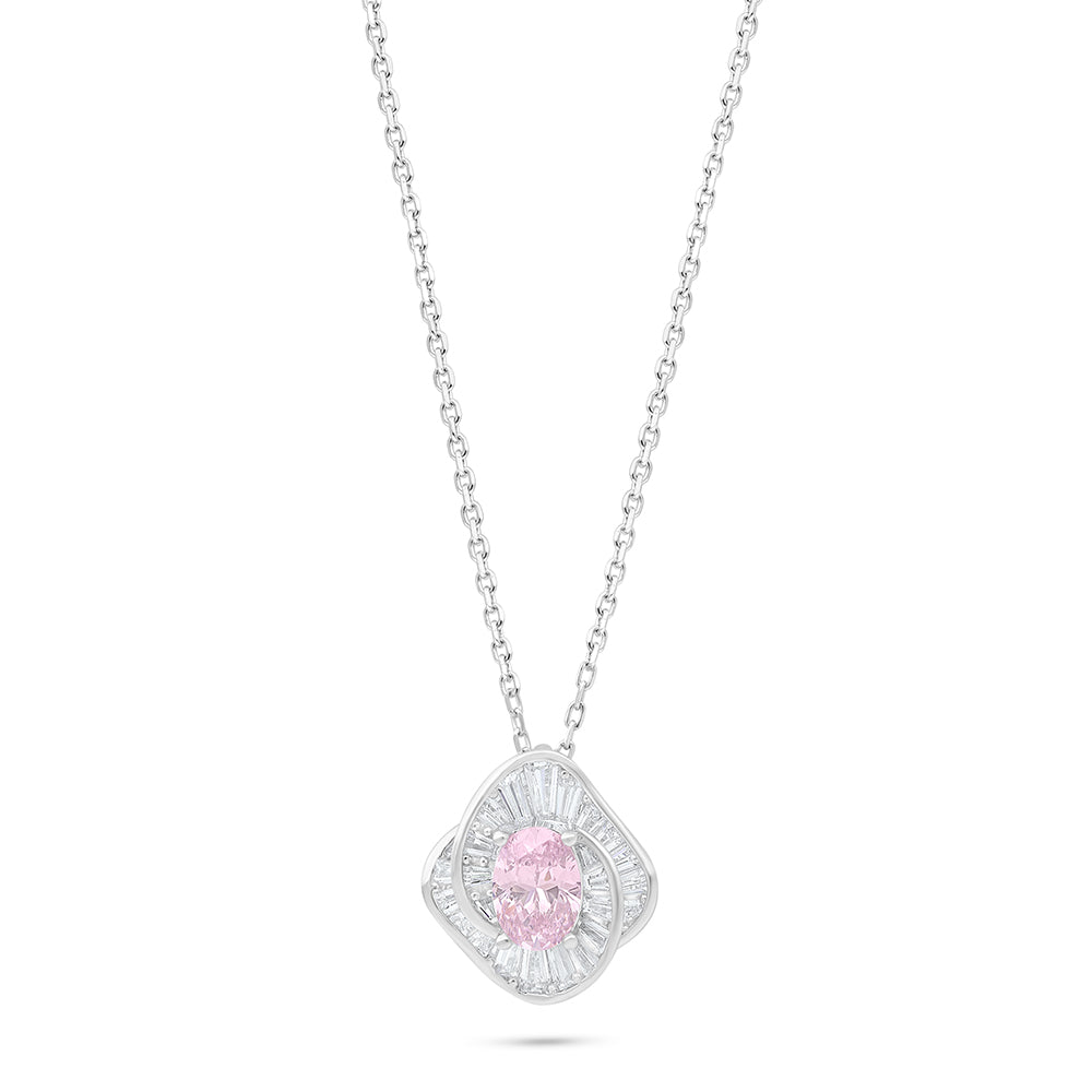 Sterling Silver 925 Necklace Rhodium Plated Embedded With Pink Zircon And White Zircon