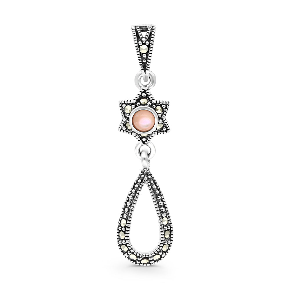 Sterling Silver 925 Pendant Embedded With Natural Pink Shell And Marcasite Stones