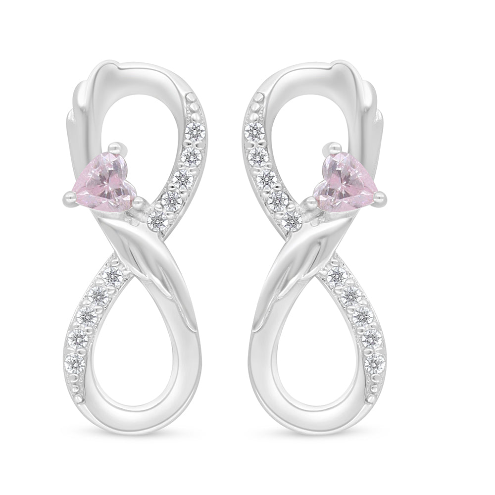 Sterling Silver 925 Earring Rhodium Plated Embedded With Pink Zircon And White Zircon