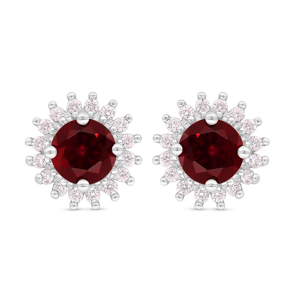 Sterling Silver 925 Earring Rhodium Plated Embedded With Ruby Corundum And White Zircon