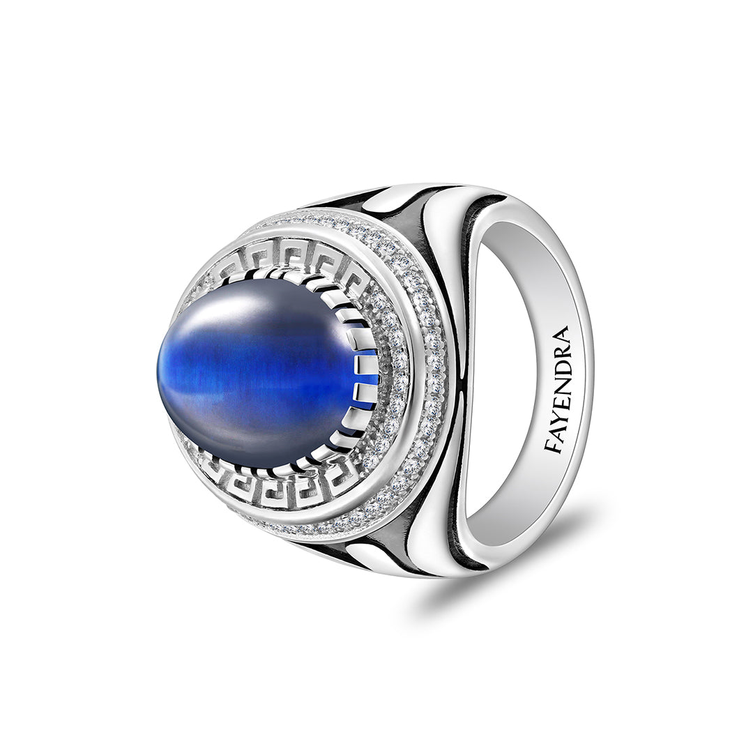 خاتم رجالي من الفضة الخالصة عيار 925 مطلي روديوم و اسود مرصع احجار عين النمر ازرق كابشون و فص ابيض