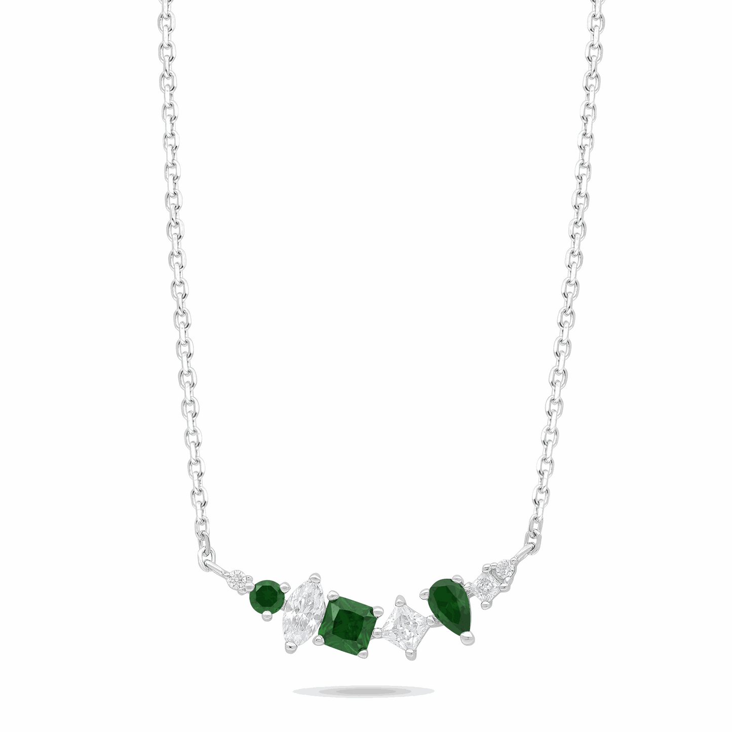 Sterling Silver 925 Necklace Rhodium Plated Embedded With Emerald Zircon And White Zircon