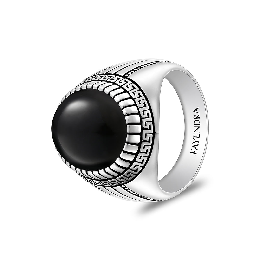 Sterling Silver 925 Ring Rhodium And Black Plated Embedded With Cabochon Natural Black Agate For Men