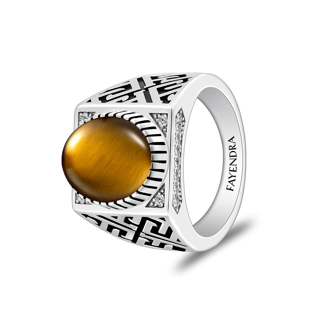 Sterling Silver 925 Ring Rhodium Plated Embedded With Yellow Tiger Eye Cabochon And White Zircon For Men