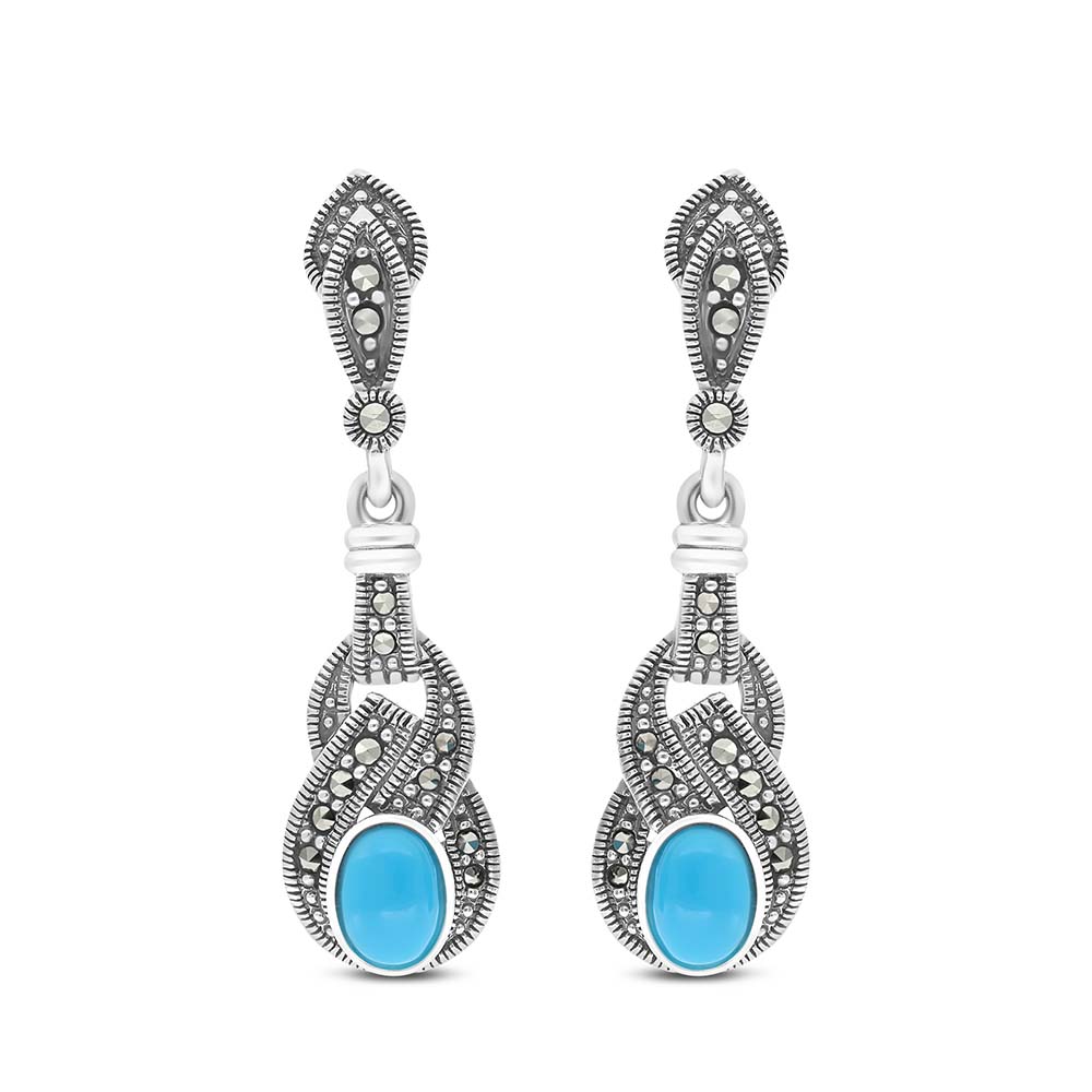 Sterling Silver 925 Earring Embedded With Natural Processed Turquoise And Marcasite Stones