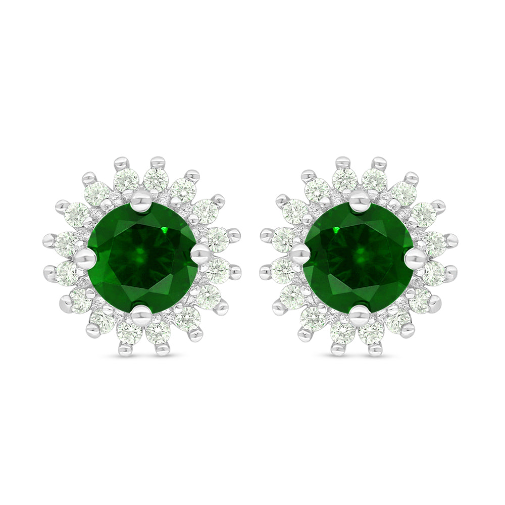 Sterling Silver 925 Earring Rhodium Plated Embedded With Emerald Zircon And White Zircon