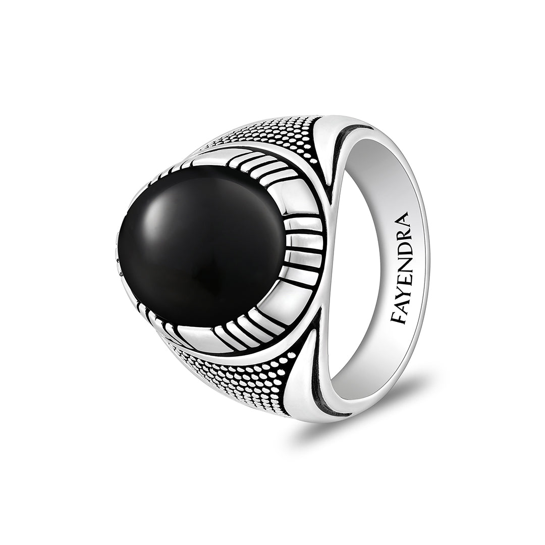 Sterling Silver 925 Ring Rhodium And Black Plated Embedded With Cabochon Natural Black Agate For Men