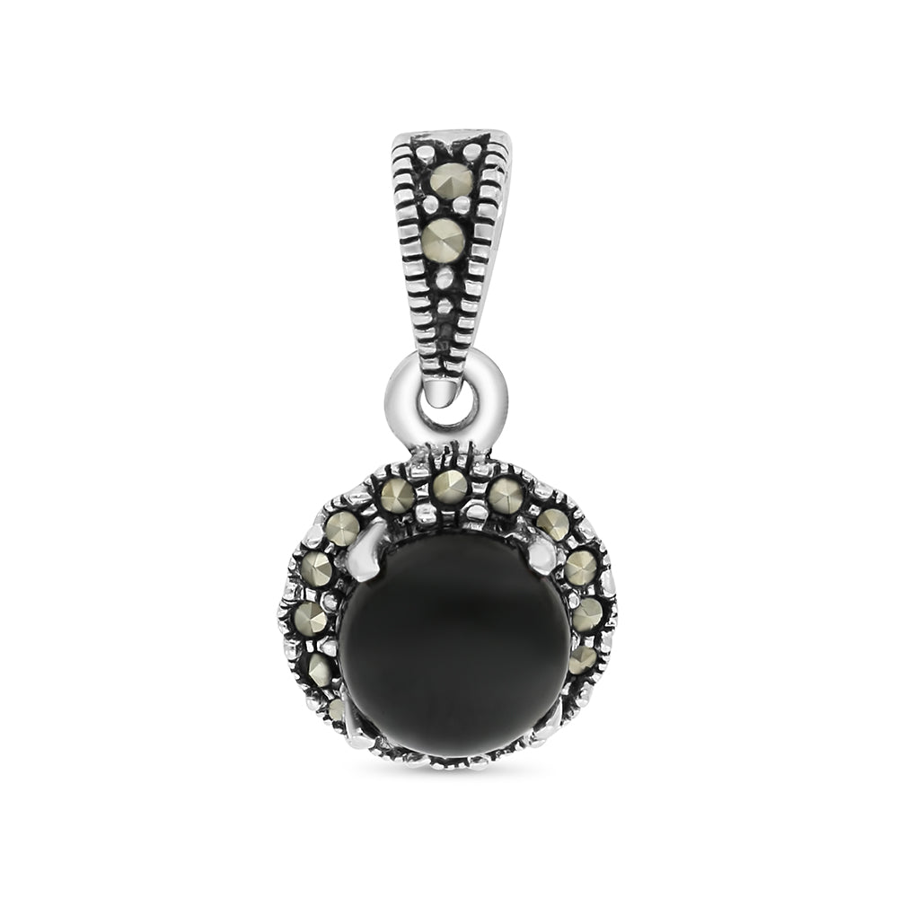 Sterling Silver 925 Pendant Embedded With Natural Black Agate And Marcasite Stones