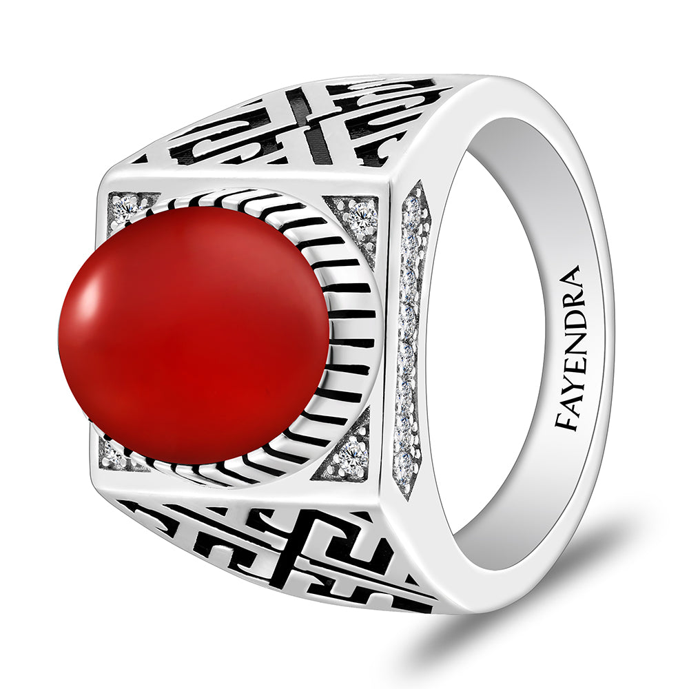 Sterling Silver 925 Ring Rhodium Plated Embedded With Red Agate Cabochon And White Zircon For Men