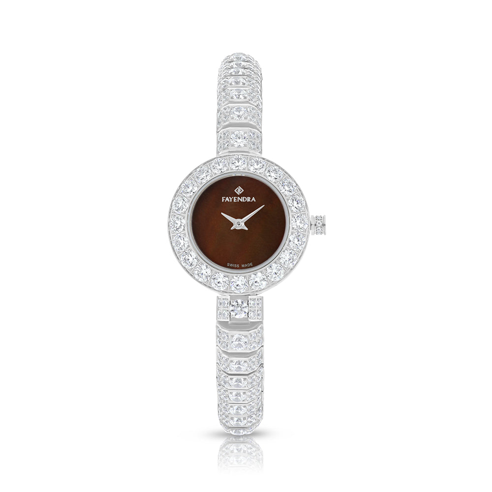 Stainless Steel 316L Watch Silver Color Embedded With White Zircon - Coffee MOP Dial