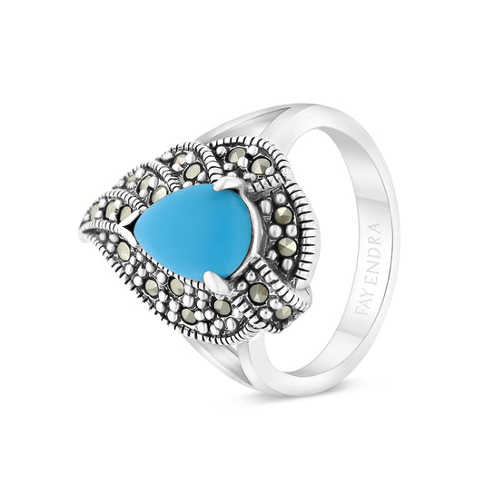 Sterling Silver 925 Ring Embedded With Natural Processed Turquoise And Marcasite Stones