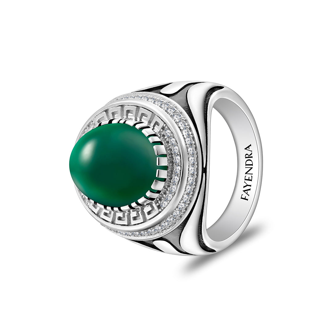 خاتم رجالي من الفضة الخالصة عيار 925 مطلي روديوم و اسود مرصع احجار عقيق جاد اخضر كابشون و فص ابيض