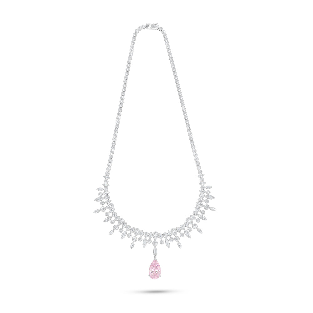 Sterling Silver 925 SET Rhodium Plated Embedded With Pink Zircon And White Zircon