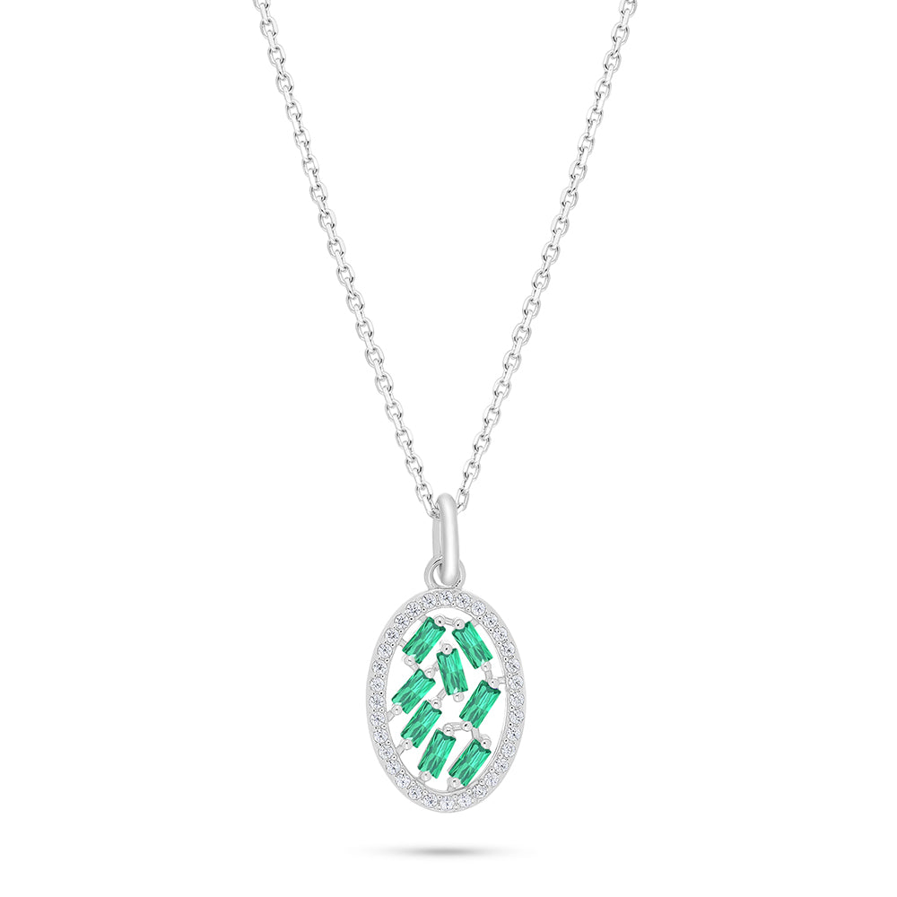 Sterling Silver 925 Necklace Rhodium Plated Embedded With Emerald Zircon And White Zircon