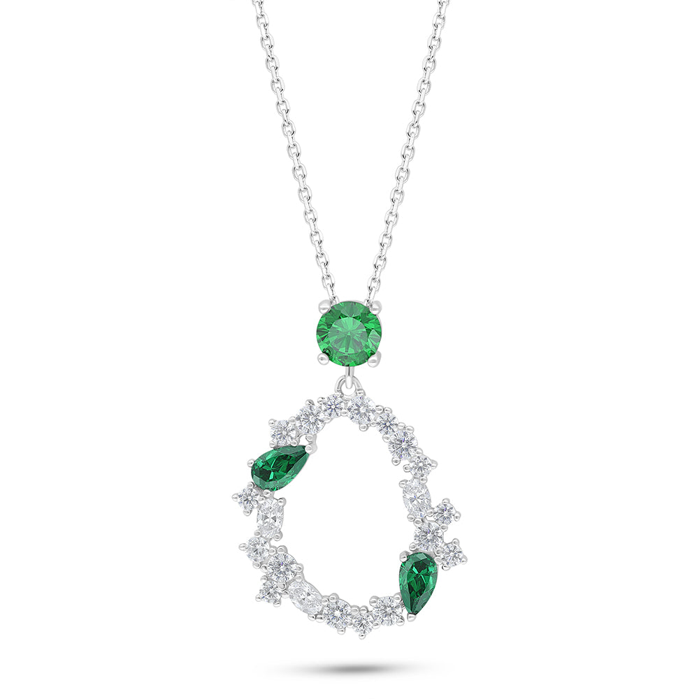 Sterling Silver 925 Necklace Rhodium Plated Embedded With Emerald Zircon And White Zircon
