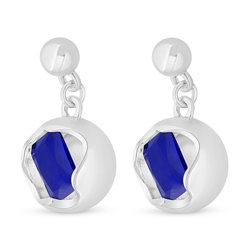 Sterling Silver 925 Earring Rhodium Plated Embedded With Sapphire Corundum