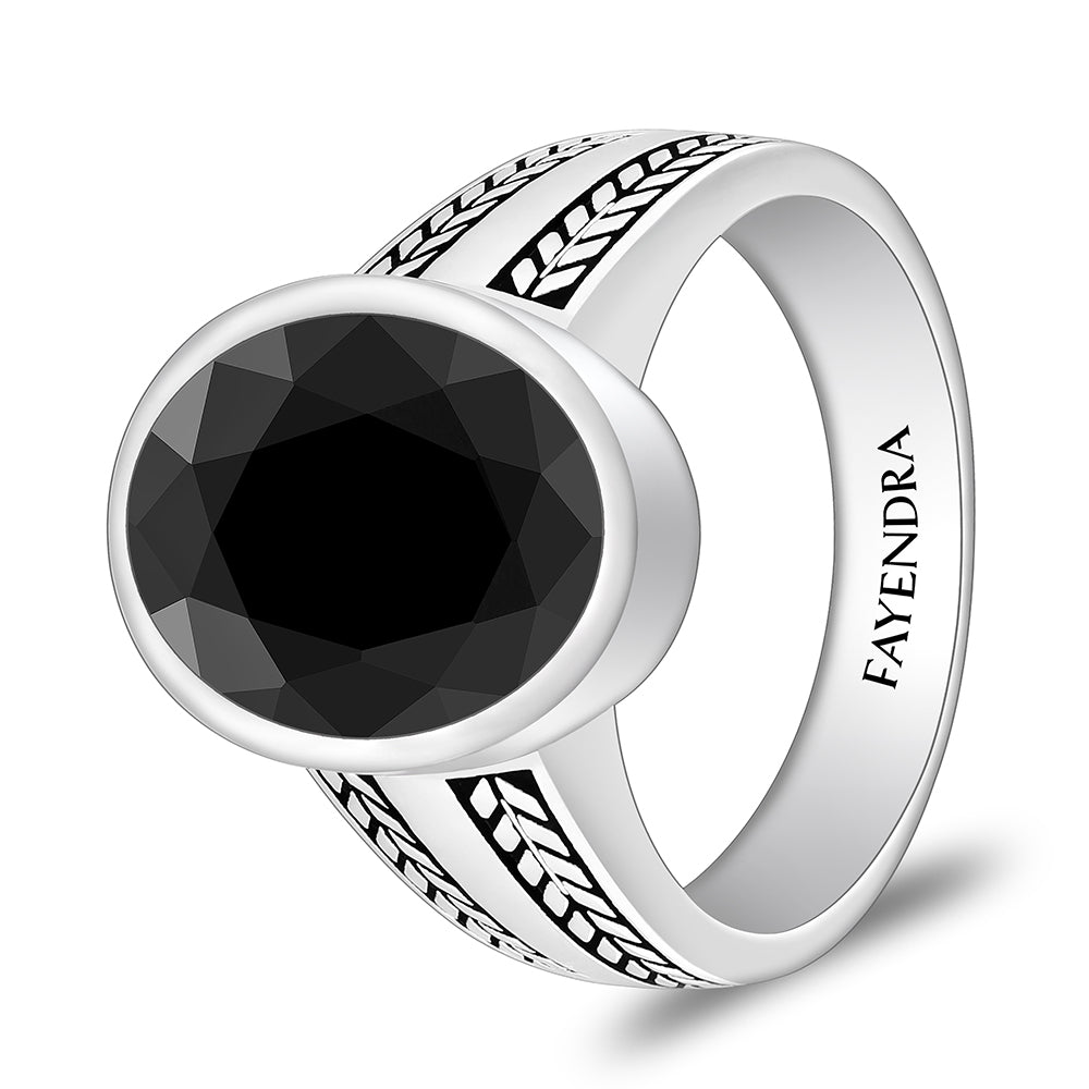 Sterling Silver 925 Ring Rhodium And Black Plated Embedded With Black Spinal For Men