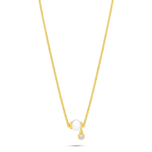 Sterling Silver 925 Necklace Golden Plated Embedded With Natural White Pearl And White Zircon
