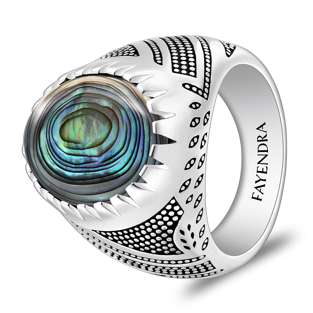 خاتم رجالي من الفضة الخالصة عيار 925 مطلي روديوم و اسود مرصع احجار صدف استرالي كابشون