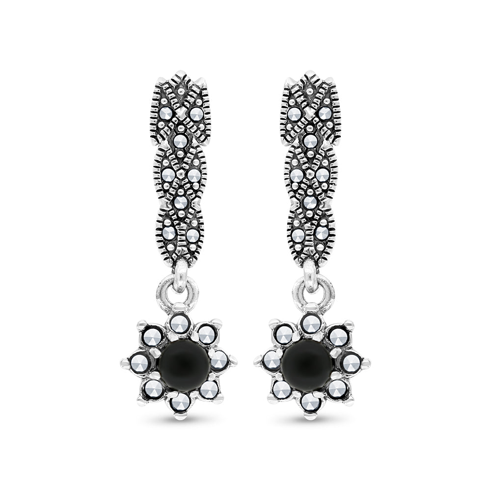 Sterling Silver 925 Earring Embedded With Natural Black Agate And Marcasite Stones