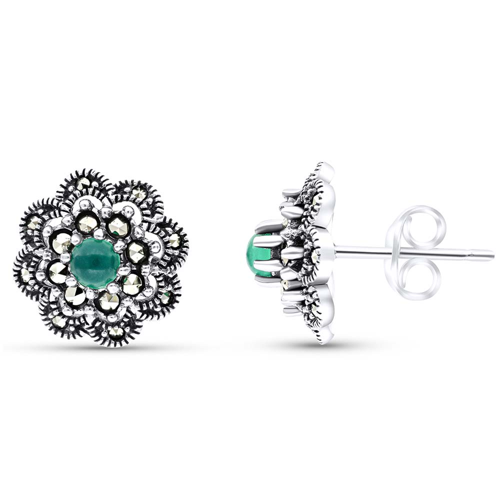 Sterling Silver 925 Earring Embedded With Natural Green Agate And Marcasite Stones