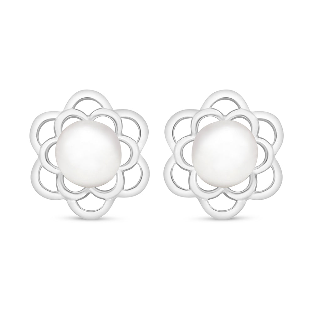 Sterling Silver 925 Earring Rhodium Plated Embedded With Natural White Pearl