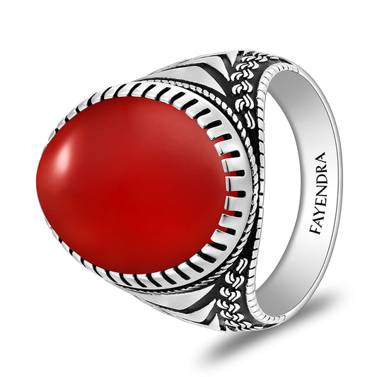 خاتم رجالي من الفضة الخالصة عيار 925 مطلي روديوم و اسود مرصع عقيق احمر كابشون