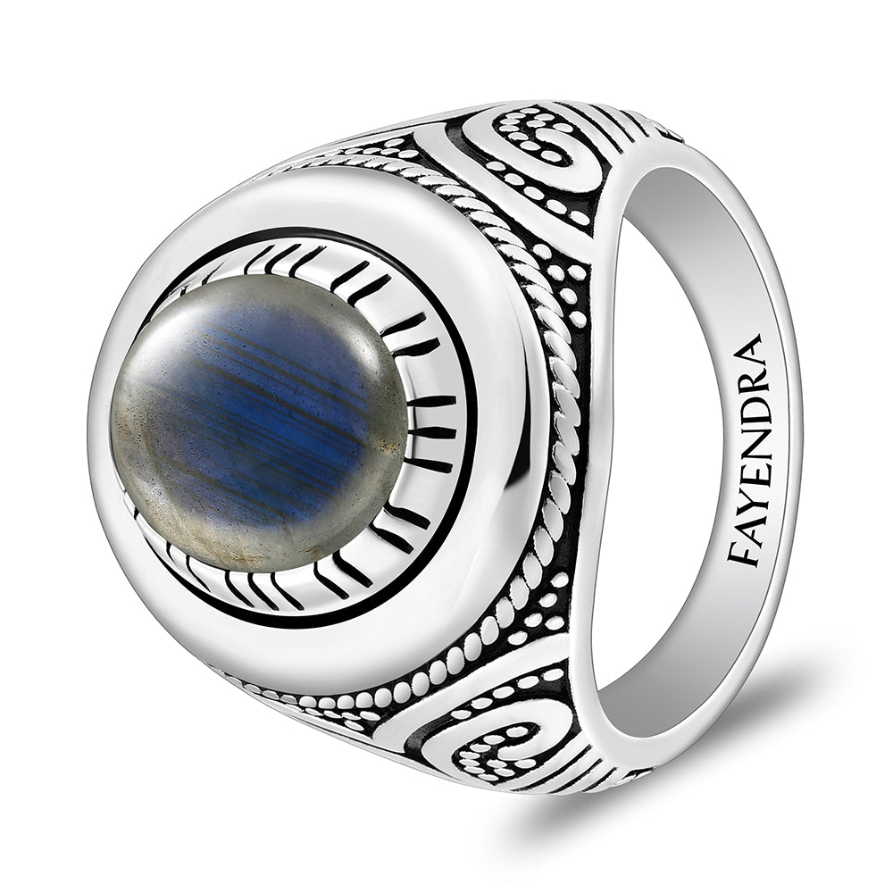 خاتم رجالي من الفضة الخالصة عيار 925 مطلي روديوم و اسود مرصع احجار لابرادوريت اوبالي كابشون