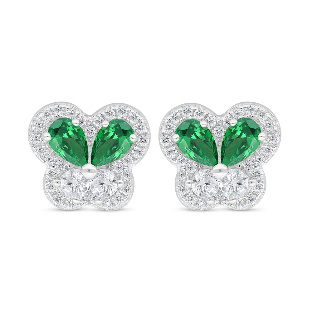 Sterling Silver 925 Earring Rhodium Plated Embedded With Emerald Zircon And White Zircon