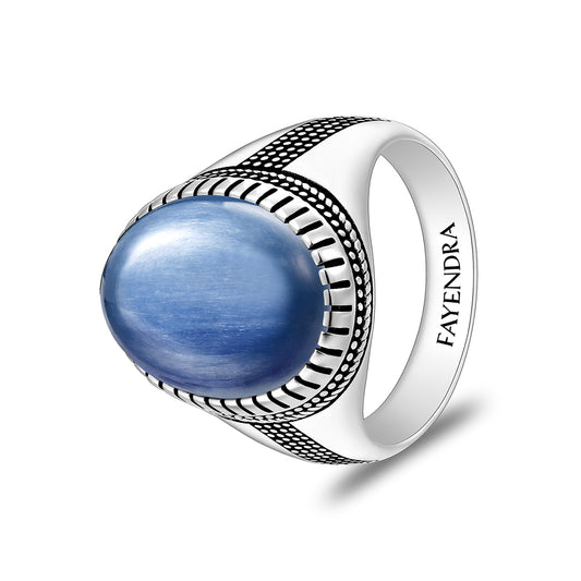 خاتم رجالي من الفضة الخالصة عيار 925 مطلي روديوم و اسود مرصع كيانيت طبيعي كابشون