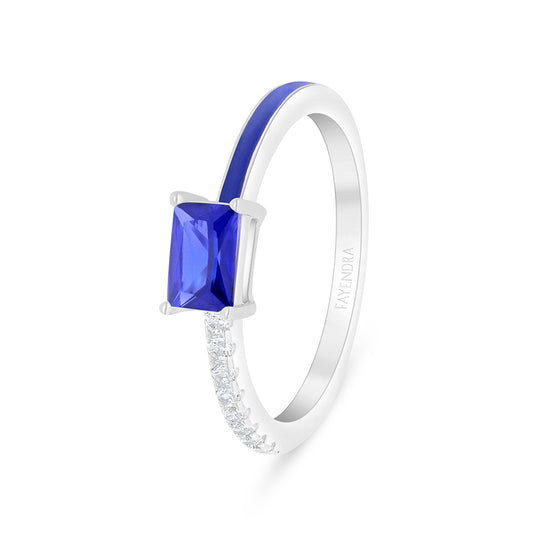 Sterling Silver 925 Ring Rhodium Plated Embedded With Sapphire Corundum And Blue Enamel And White Zircon