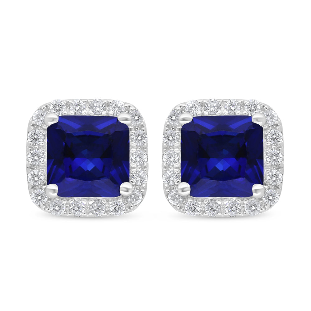 Sterling Silver 925 Earring Rhodium Plated Embedded With Sapphire Corundum And White Zircon