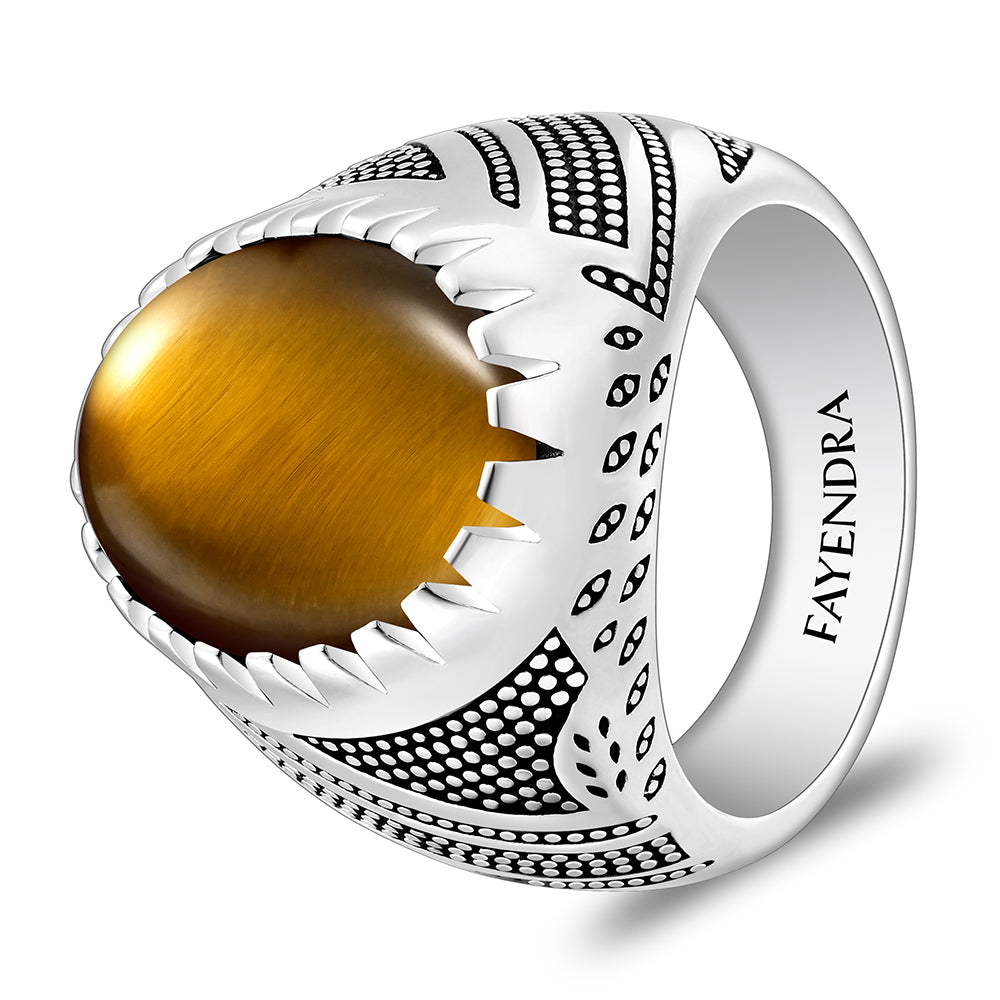 خاتم رجالي من الفضة الخالصة عيار 925 مطلي روديوم و اسود مرصع احجار عين النمر اصفر كابشون