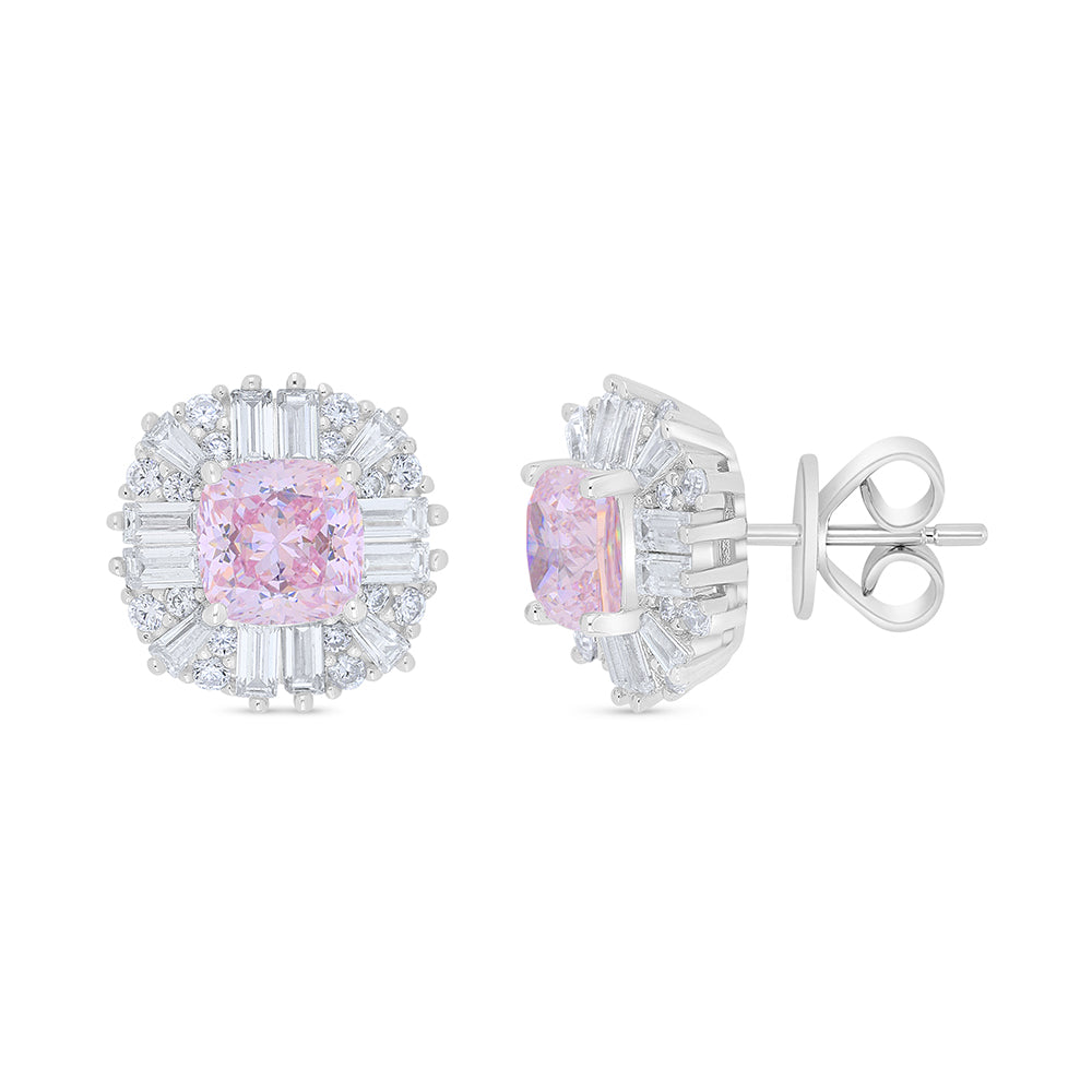 Sterling Silver 925 Earring Rhodium Plated Embedded With Pink Zircon And White Zircon