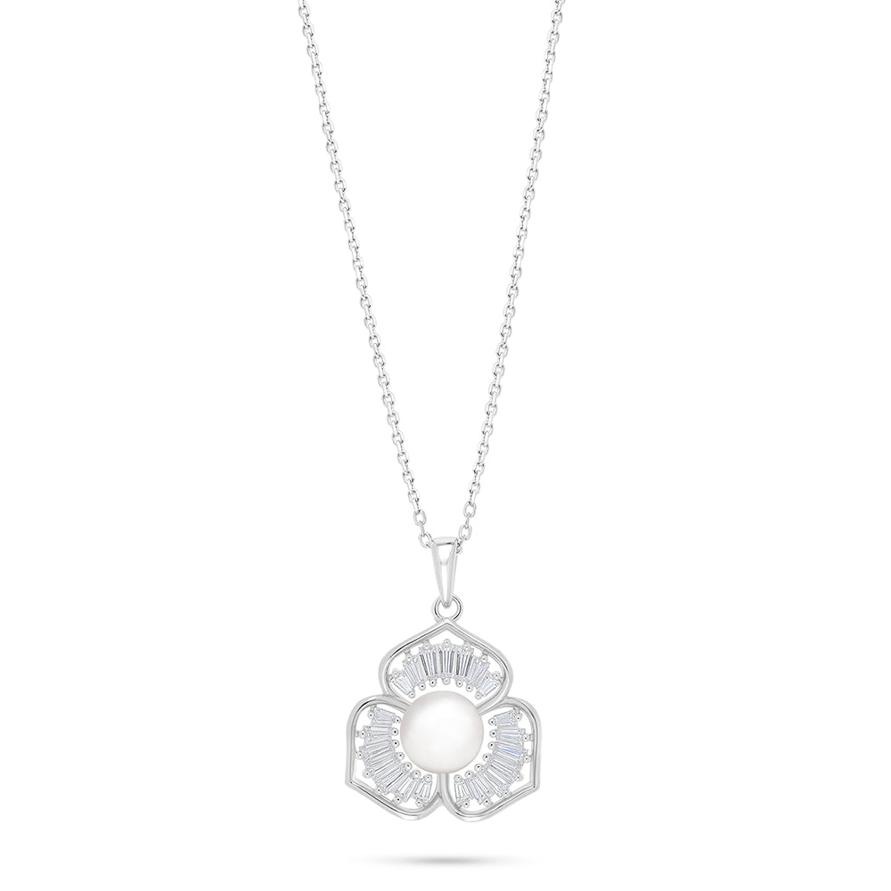Sterling Silver 925 Necklace Rhodium Plated Embedded With Natural White Pearl And White Zircon