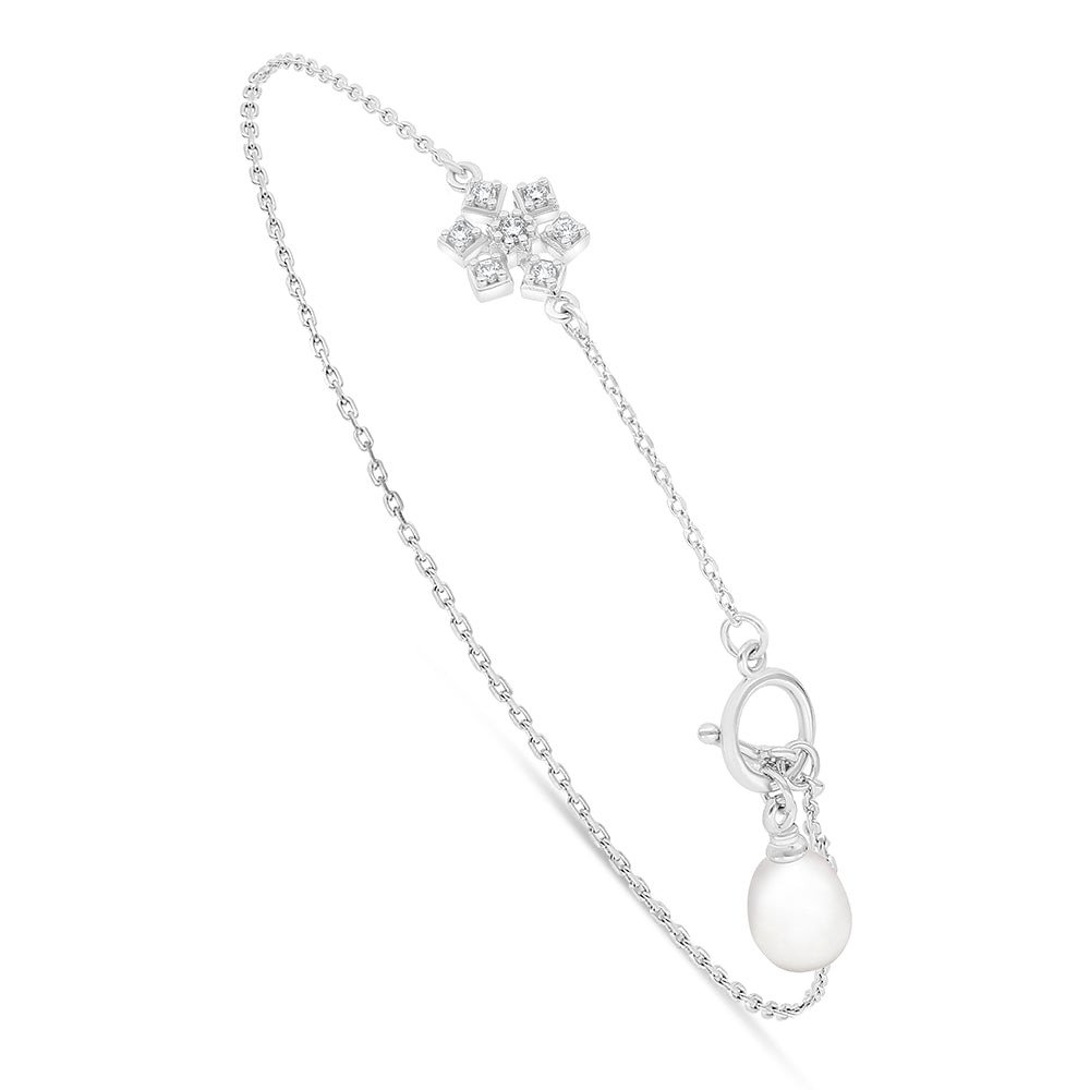 اسورة من الفضة الخالصة عيار 925 مطلية روديوم مرصعة لولو ابيض طبيعي و فص ابيض