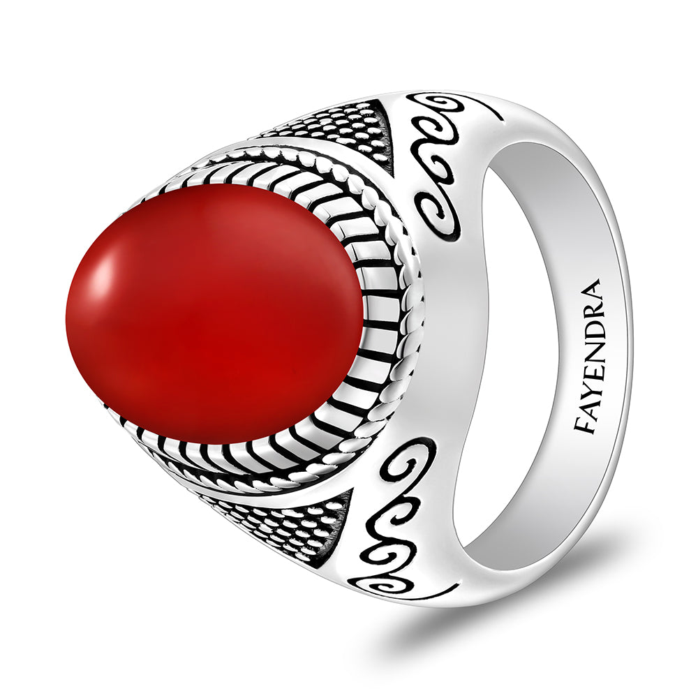 خاتم رجالي من الفضة الخالصة عيار 925 مطلي روديوم و اسود مرصع عقيق احمر كابشون