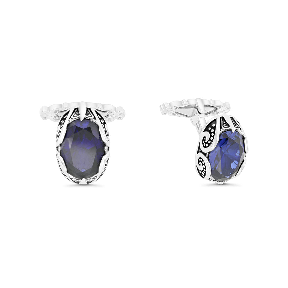 Sterling Silver 925 Cufflink Rhodium And Black Plated Embedded With Sapphire Corundum