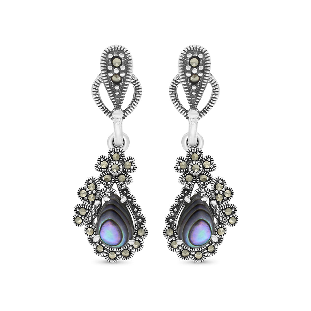 Sterling Silver 925 Earring Embedded With Natural Blue Shell And Marcasite Stones