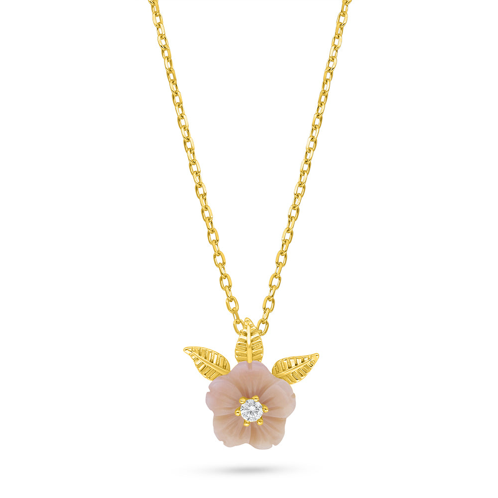 Sterling Silver 925 Necklace Golden Plated Embedded With Pink Shell And White Zircon
