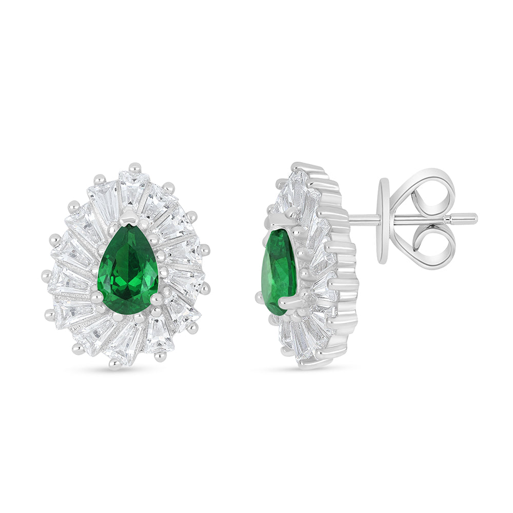 Sterling Silver 925 Earring Rhodium Plated Embedded With Emerald Zircon And White Zircon