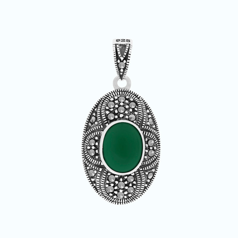 Sterling Silver 925 Pendant Natural Green Agate Marcasite Stones