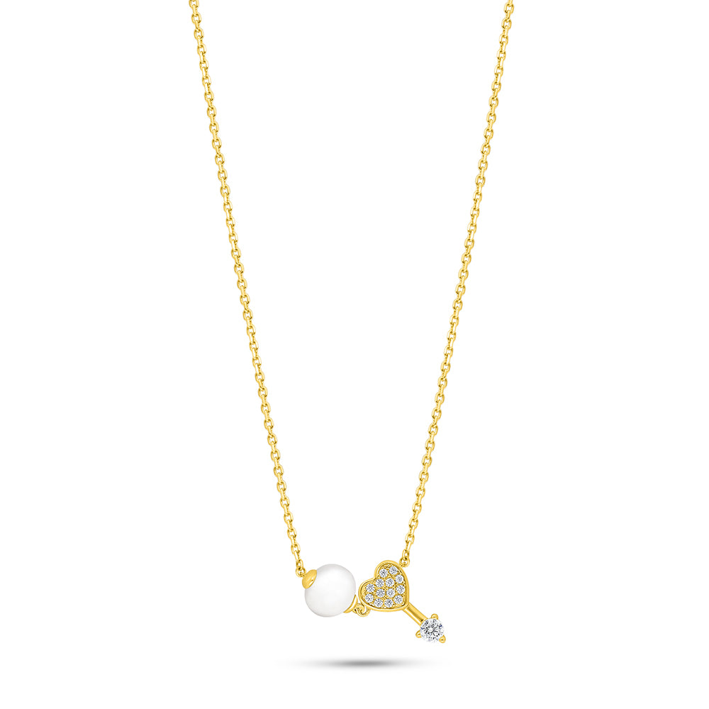 Sterling Silver 925 Necklace Golden Plated Embedded With Natural White Pearl And White Zircon