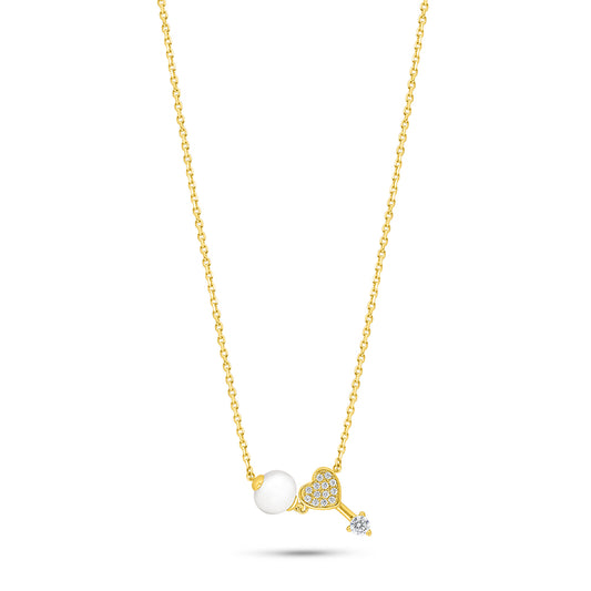 Sterling Silver 925 Necklace Golden Plated Embedded With Natural White Pearl And White Zircon