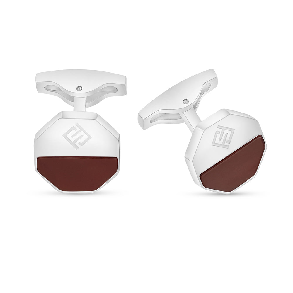 Stainless Steel Cufflink 316L Embedded With Red Agate Shiny Steel